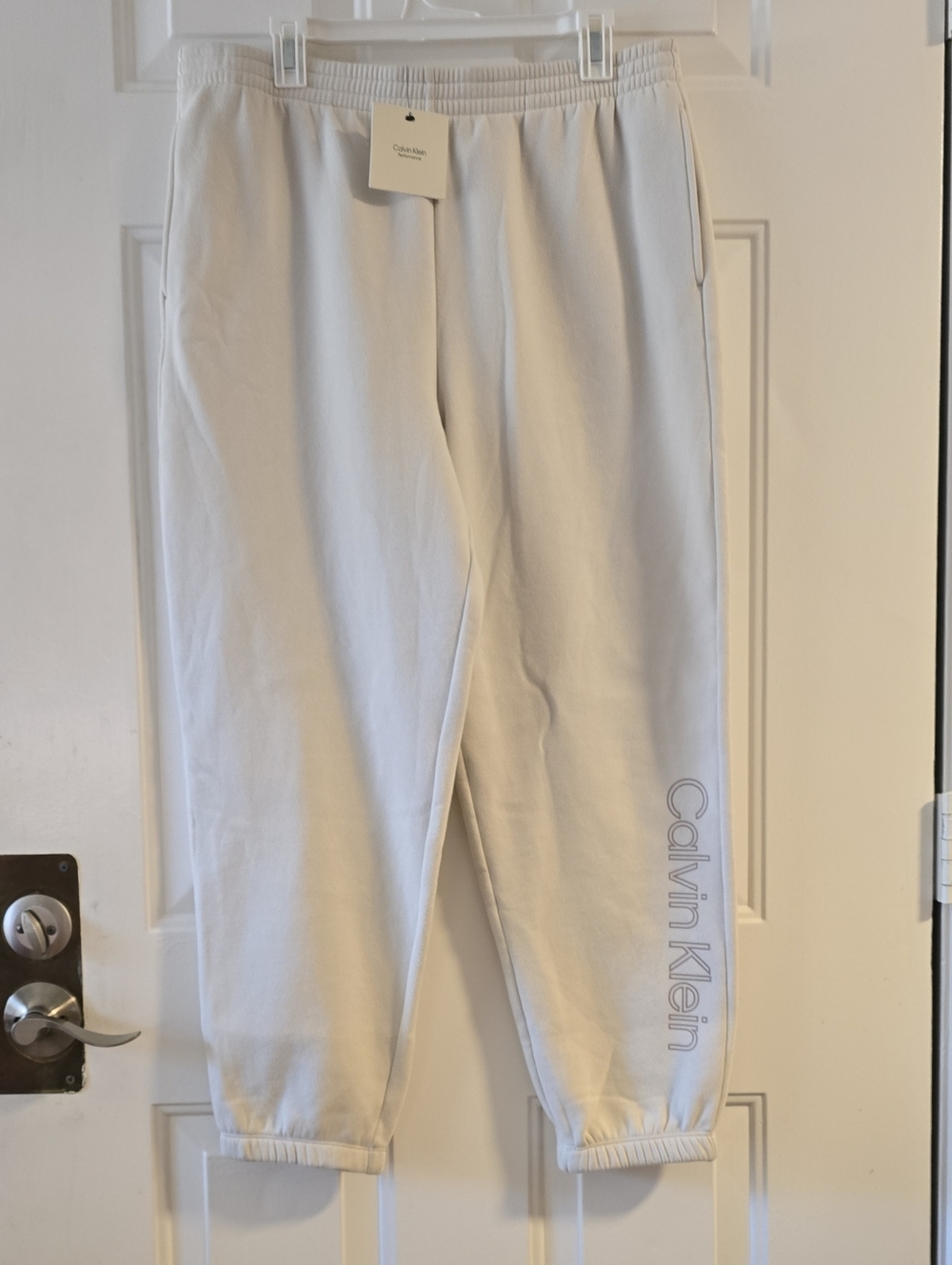 Calvin Klein Fleece Sweatpants Joggers Cream Tan Vertical Side Logo NWT Size M